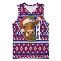 Cow in Santa Hat Be Kind Message Basketball Jersey with Red Blue Knit Pattern Design - Wonder Print Shop