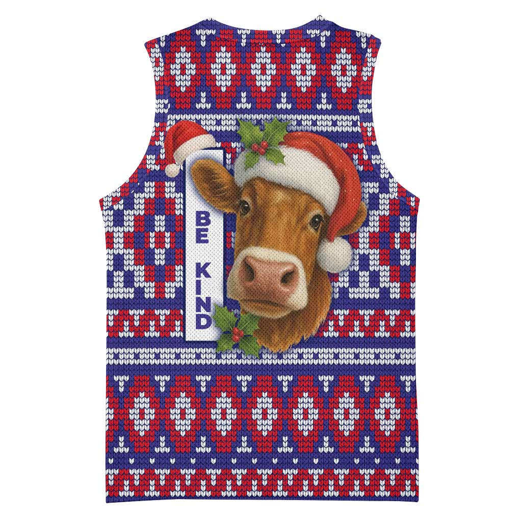 Cow in Santa Hat Be Kind Message Basketball Jersey with Red Blue Knit Pattern Design - Wonder Print Shop