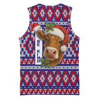Cow in Santa Hat Be Kind Message Basketball Jersey with Red Blue Knit Pattern Design - Wonder Print Shop