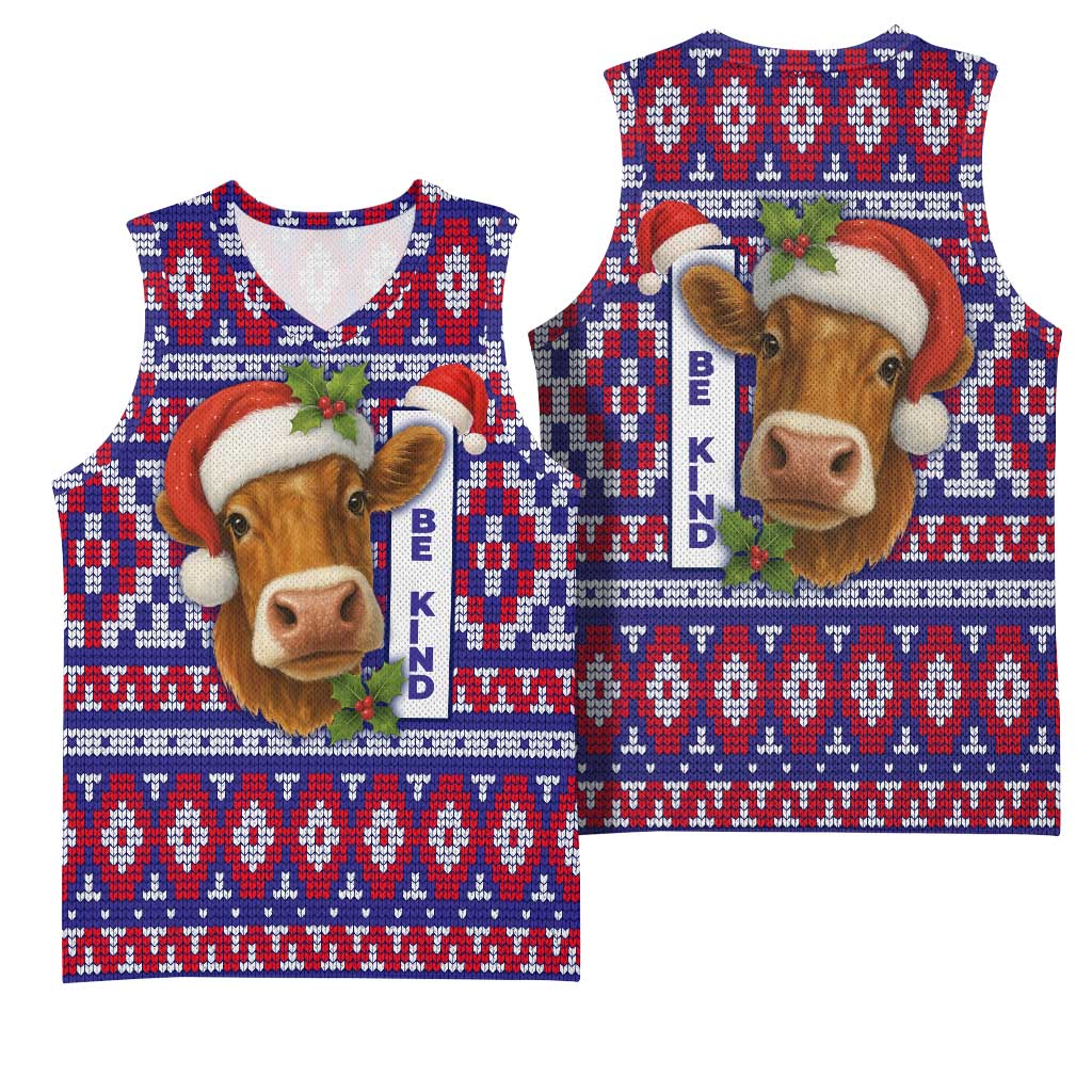 Cow in Santa Hat Be Kind Message Basketball Jersey with Red Blue Knit Pattern Design - Wonder Print Shop