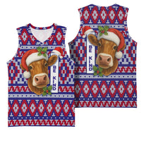 Cow in Santa Hat Be Kind Message Basketball Jersey with Red Blue Knit Pattern Design - Wonder Print Shop