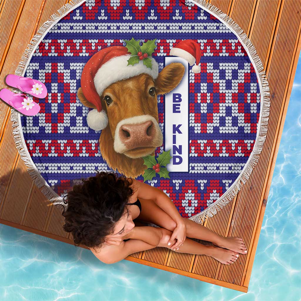 Cow in Santa Hat Be Kind Message Beach Blanket with Red Blue Knit Pattern Design - Wonder Print Shop
