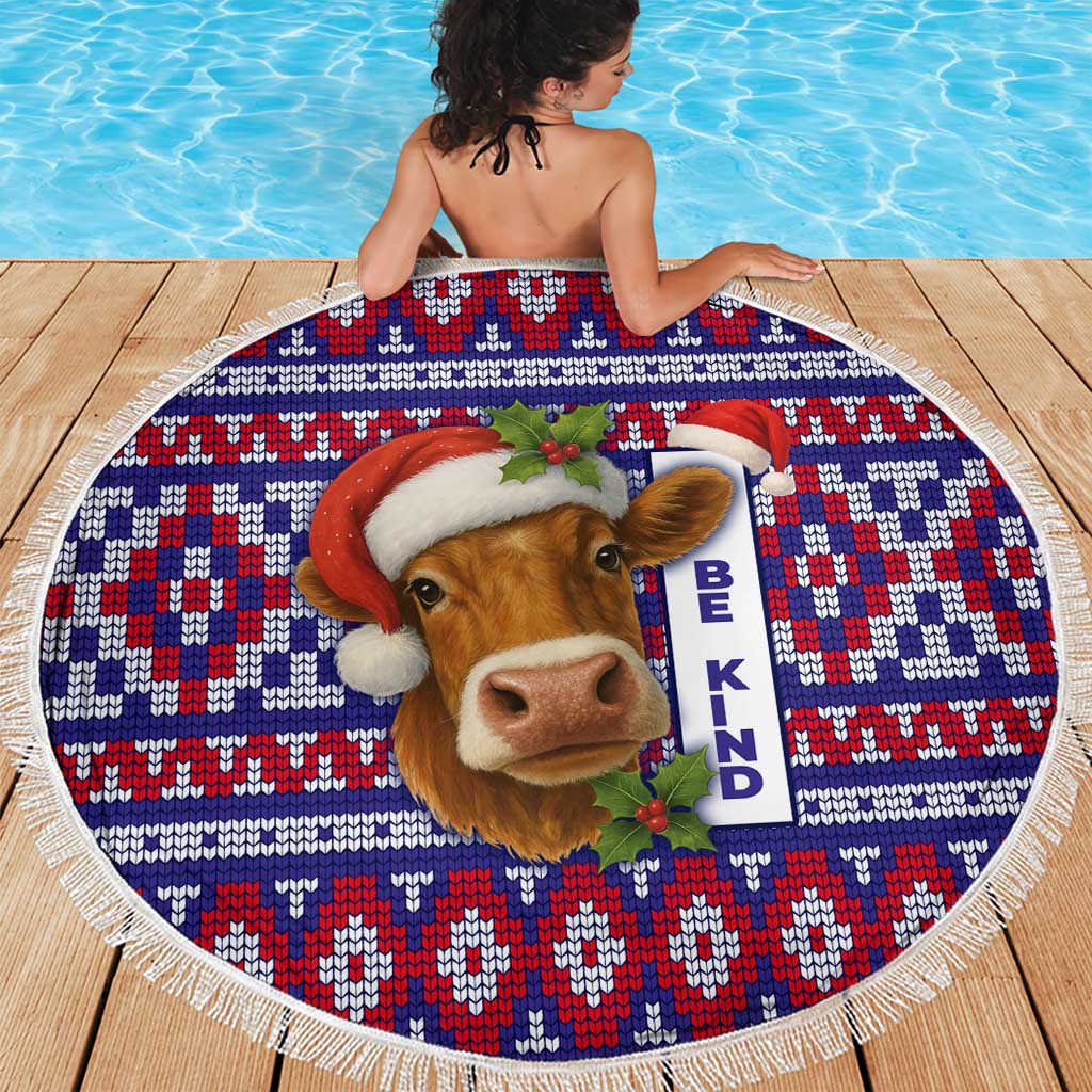 Cow in Santa Hat Be Kind Message Beach Blanket with Red Blue Knit Pattern Design - Wonder Print Shop