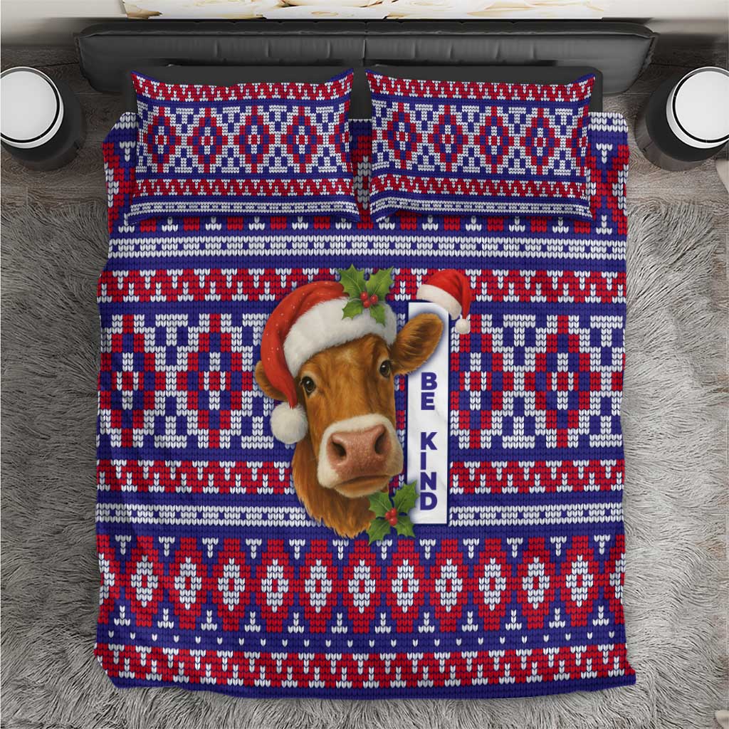 Cow in Santa Hat Be Kind Message Bedding Set with Red Blue Knit Pattern Design - Wonder Print Shop