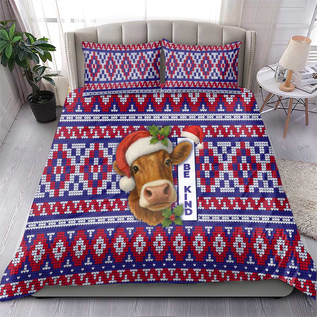 Cow in Santa Hat Be Kind Message Bedding Set with Red Blue Knit Pattern Design - Wonder Print Shop