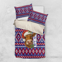Cow in Santa Hat Be Kind Message Bedding Set with Red Blue Knit Pattern Design - Wonder Print Shop