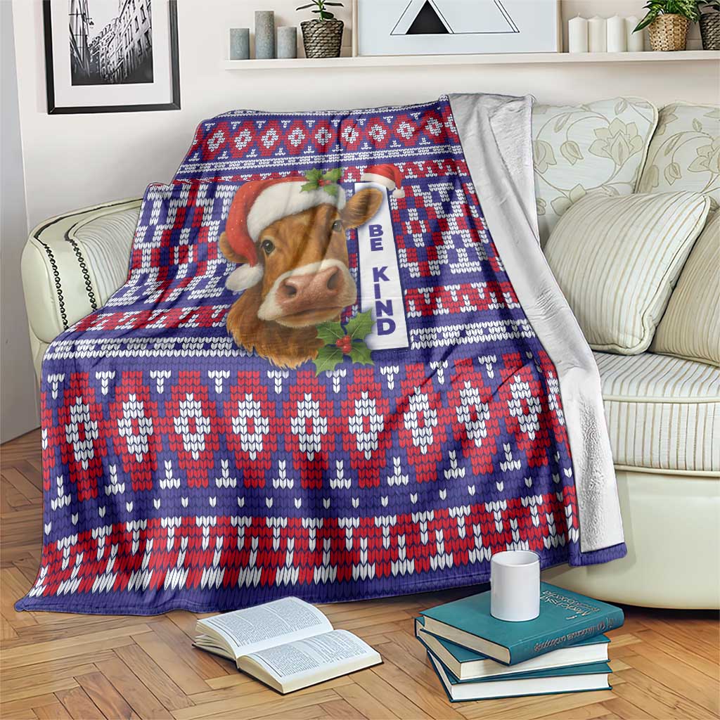 Cow in Santa Hat Be Kind Message Blanket with Red Blue Knit Pattern Design - Wonder Print Shop