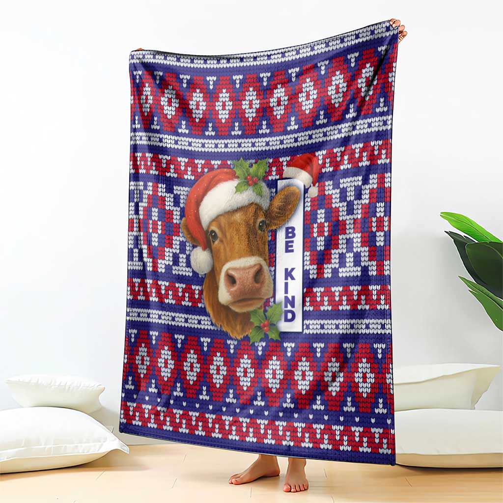 Cow in Santa Hat Be Kind Message Blanket with Red Blue Knit Pattern Design - Wonder Print Shop