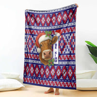 Cow in Santa Hat Be Kind Message Blanket with Red Blue Knit Pattern Design - Wonder Print Shop