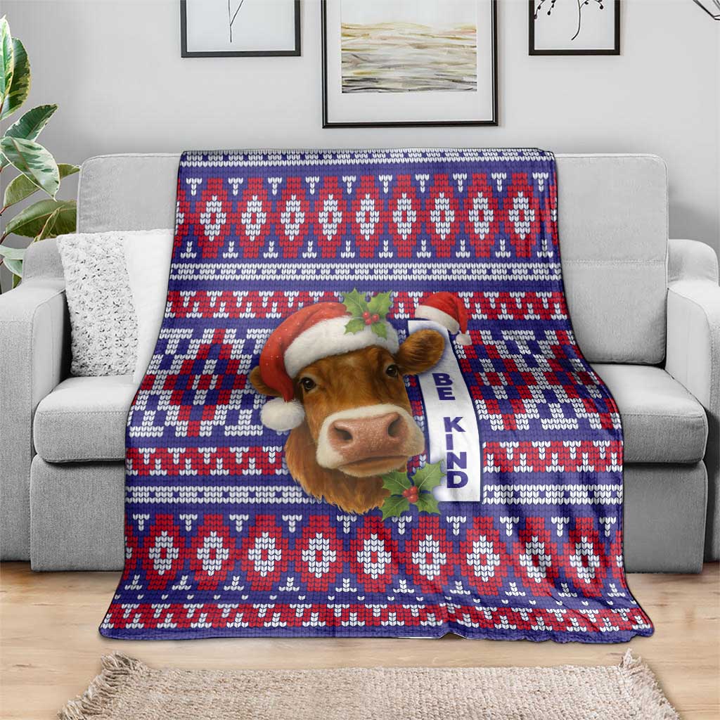 Cow in Santa Hat Be Kind Message Blanket with Red Blue Knit Pattern Design - Wonder Print Shop