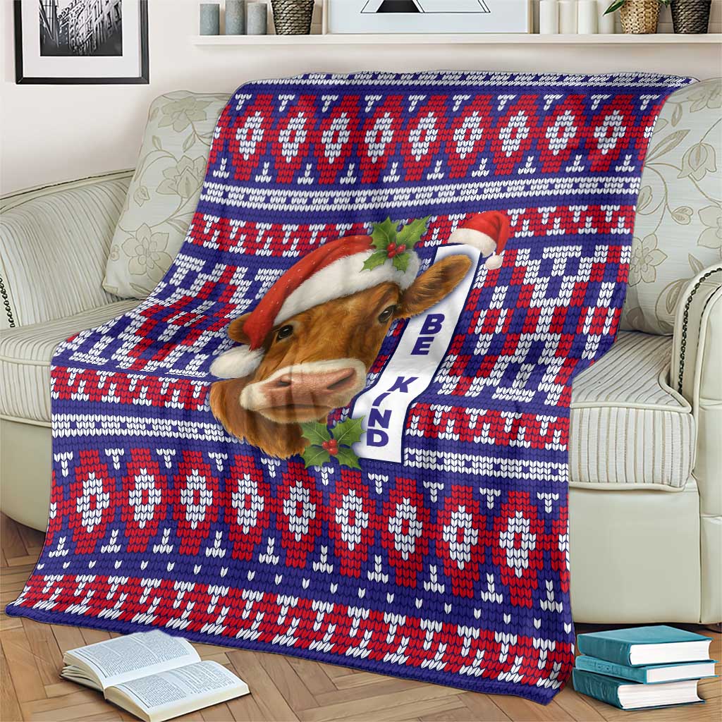 Cow in Santa Hat Be Kind Message Blanket with Red Blue Knit Pattern Design - Wonder Print Shop