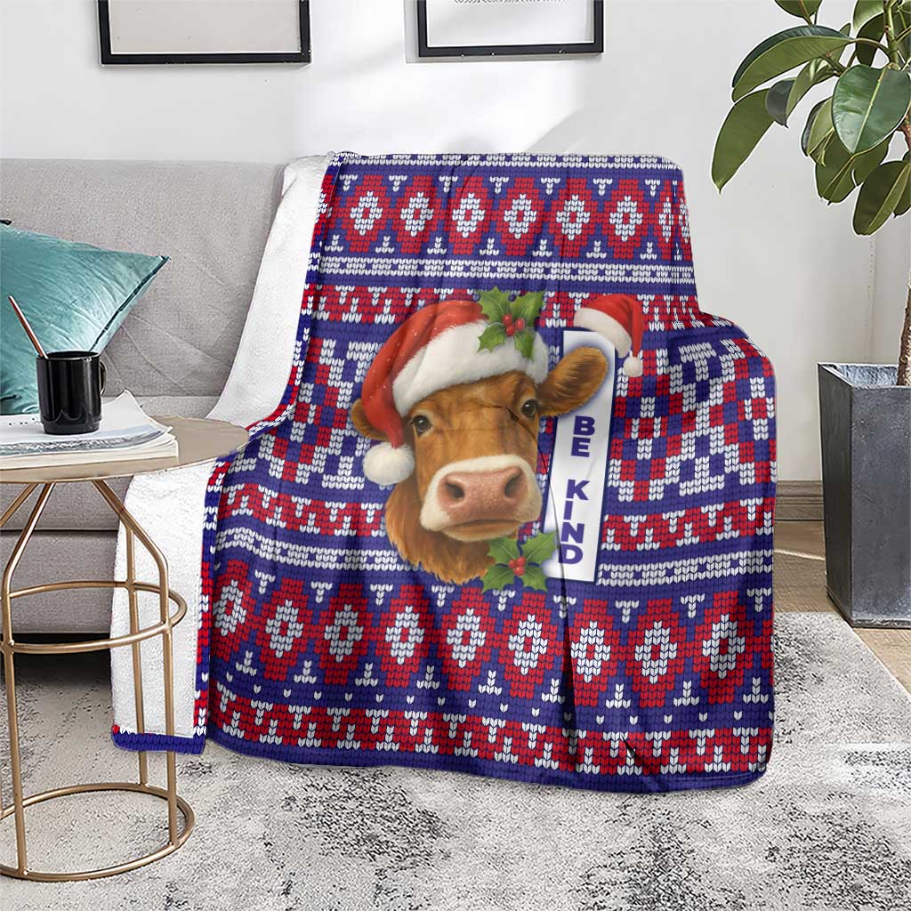 Cow in Santa Hat Be Kind Message Blanket with Red Blue Knit Pattern Design - Wonder Print Shop