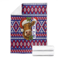 Cow in Santa Hat Be Kind Message Blanket with Red Blue Knit Pattern Design - Wonder Print Shop