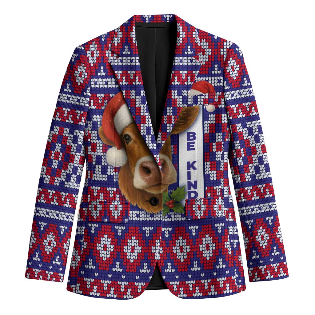 Cow in Santa Hat Be Kind Message Blazer with Red Blue Knit Pattern Design - Wonder Print Shop