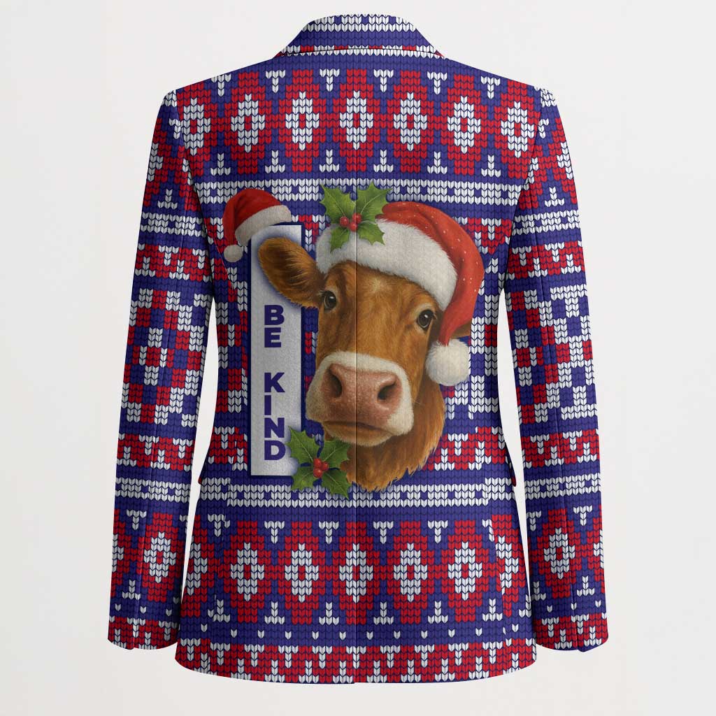 Cow in Santa Hat Be Kind Message Blazer with Red Blue Knit Pattern Design - Wonder Print Shop