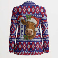Cow in Santa Hat Be Kind Message Blazer with Red Blue Knit Pattern Design - Wonder Print Shop