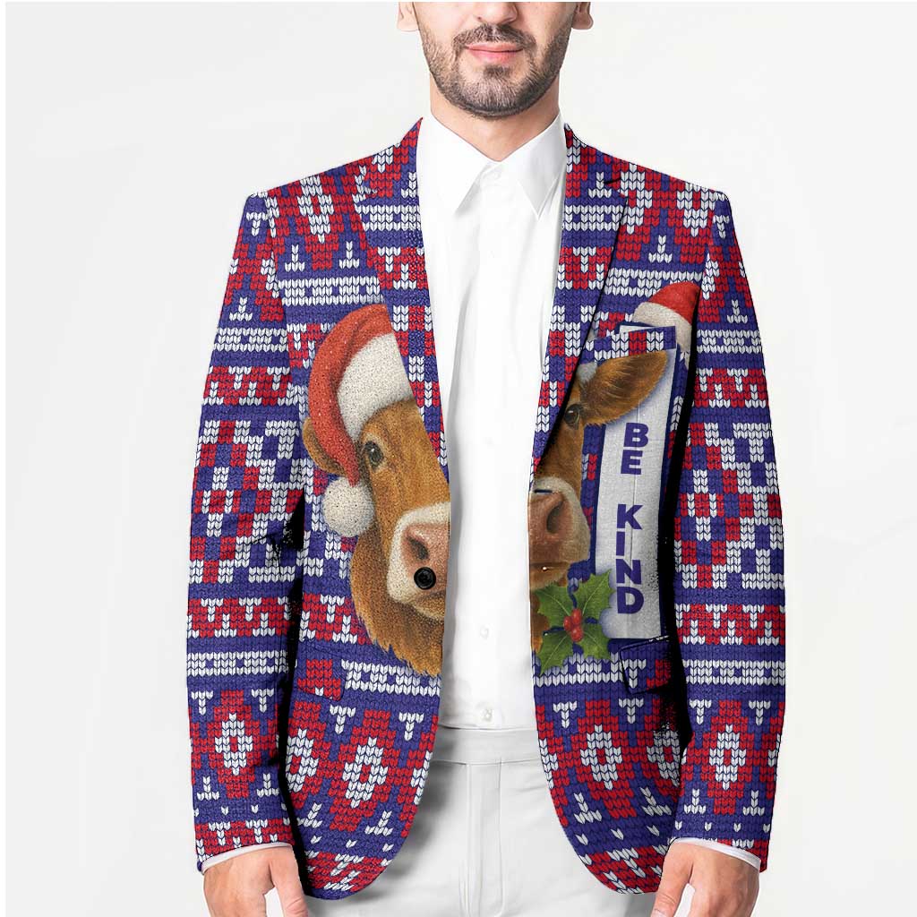 Cow in Santa Hat Be Kind Message Blazer with Red Blue Knit Pattern Design - Wonder Print Shop