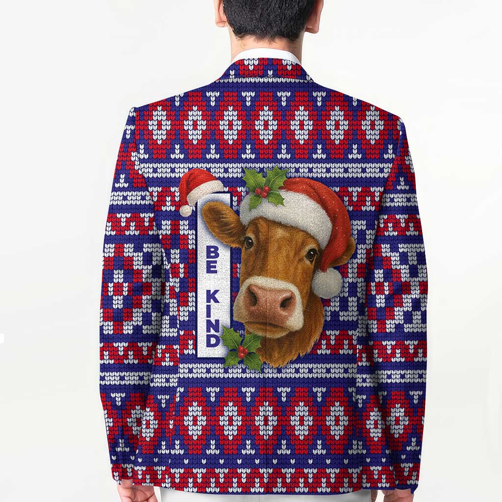 Cow in Santa Hat Be Kind Message Blazer with Red Blue Knit Pattern Design - Wonder Print Shop