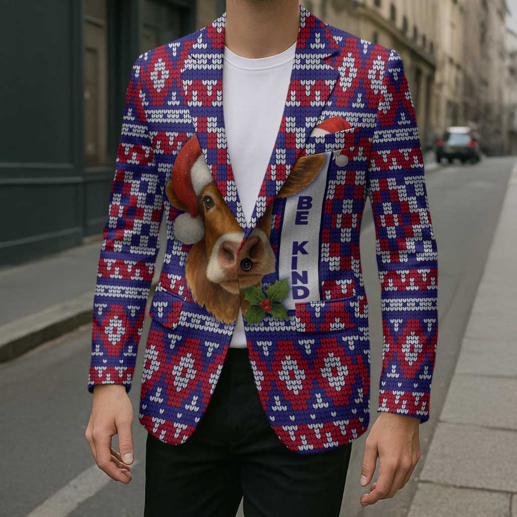 Cow in Santa Hat Be Kind Message Blazer with Red Blue Knit Pattern Design - Wonder Print Shop
