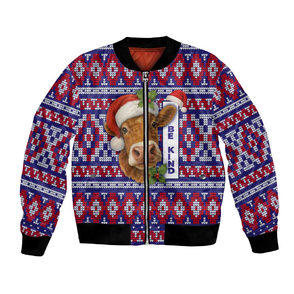 Cow in Santa Hat Be Kind Message Bomber Jacket with Red Blue Knit Pattern Design - Wonder Print Shop