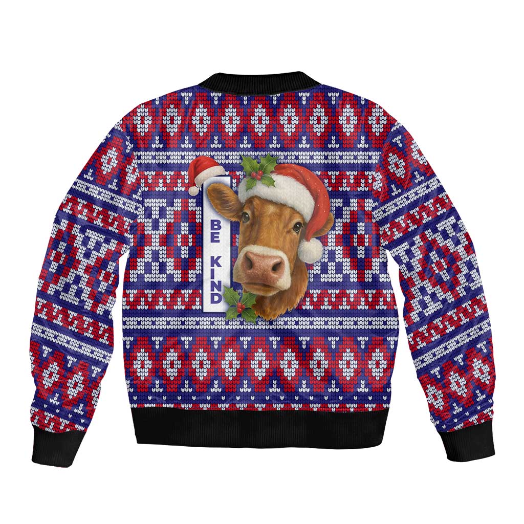 Cow in Santa Hat Be Kind Message Bomber Jacket with Red Blue Knit Pattern Design - Wonder Print Shop