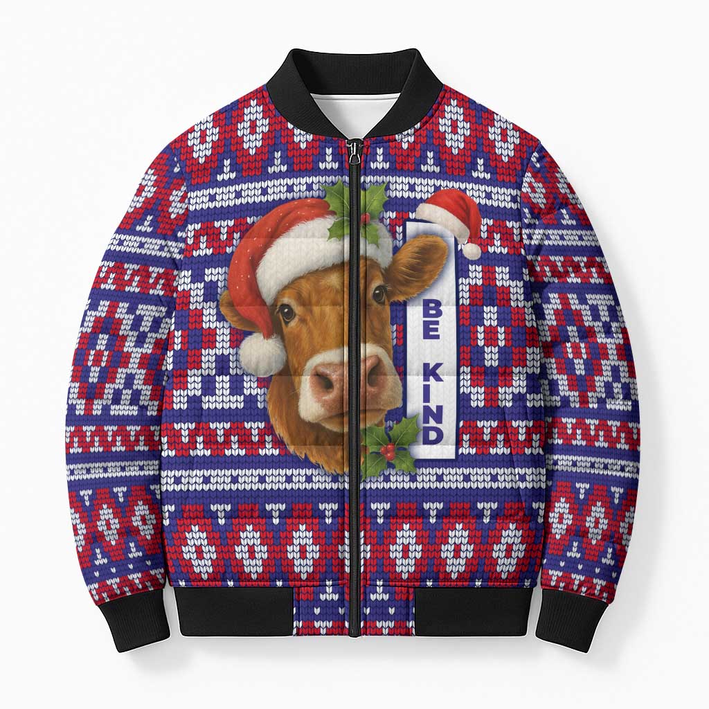 Cow in Santa Hat Be Kind Message Bomber Puffer Jacket with Red Blue Knit Pattern Design - Wonder Print Shop