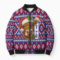 Cow in Santa Hat Be Kind Message Bomber Puffer Jacket with Red Blue Knit Pattern Design - Wonder Print Shop