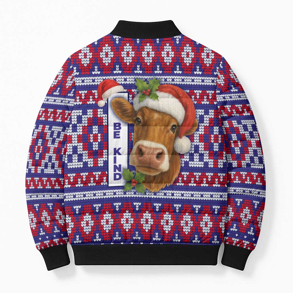 Cow in Santa Hat Be Kind Message Bomber Puffer Jacket with Red Blue Knit Pattern Design - Wonder Print Shop