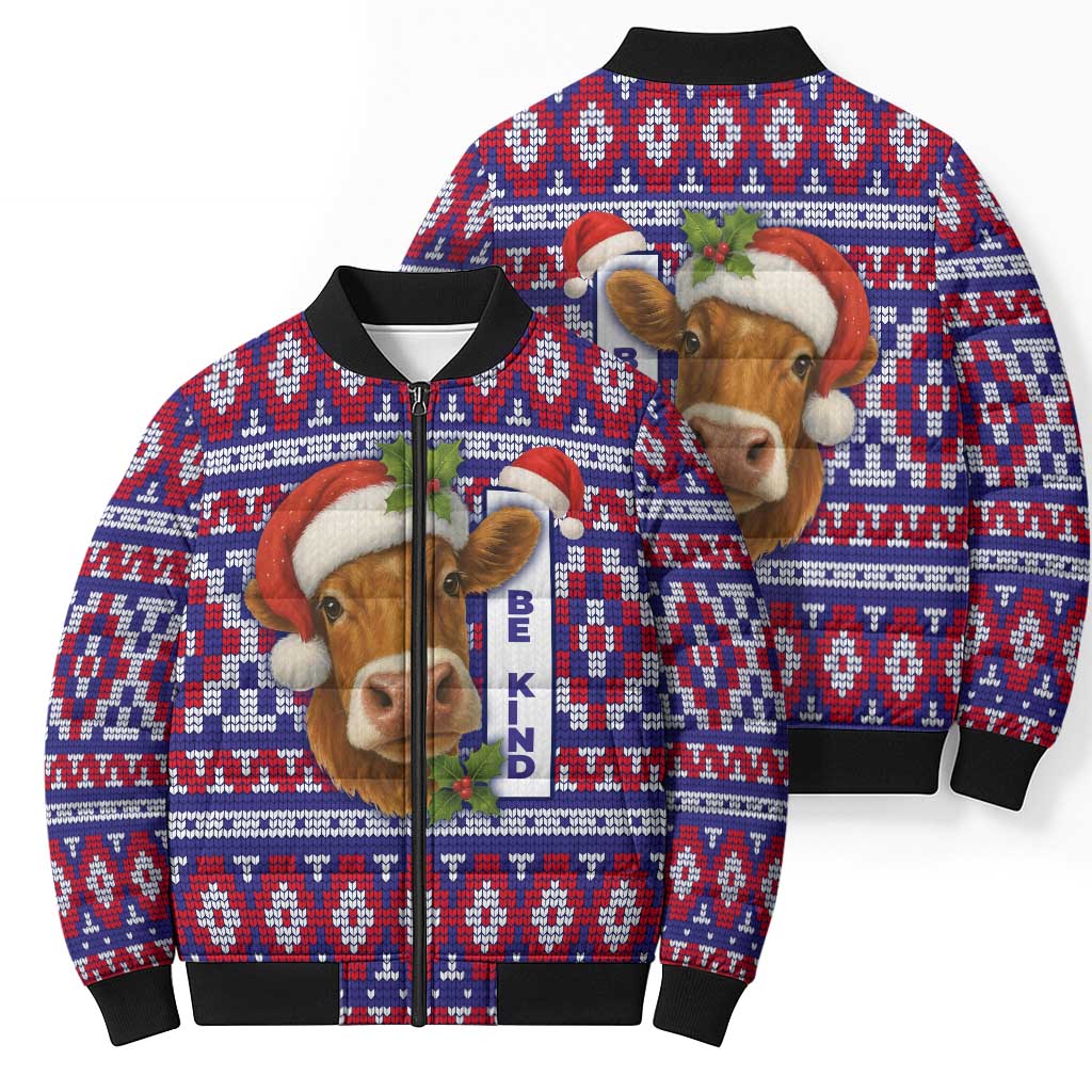 Cow in Santa Hat Be Kind Message Bomber Puffer Jacket with Red Blue Knit Pattern Design - Wonder Print Shop