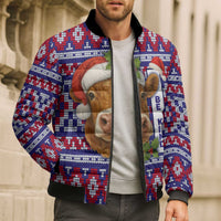 Cow in Santa Hat Be Kind Message Bomber Puffer Jacket with Red Blue Knit Pattern Design - Wonder Print Shop