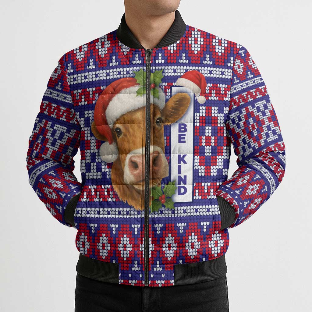 Cow in Santa Hat Be Kind Message Bomber Puffer Jacket with Red Blue Knit Pattern Design - Wonder Print Shop