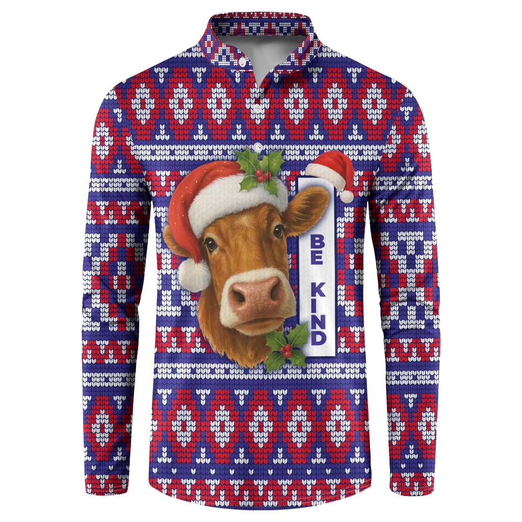 Cow in Santa Hat Be Kind Message Button Sweatshirt with Red Blue Knit Pattern Design - Wonder Print Shop