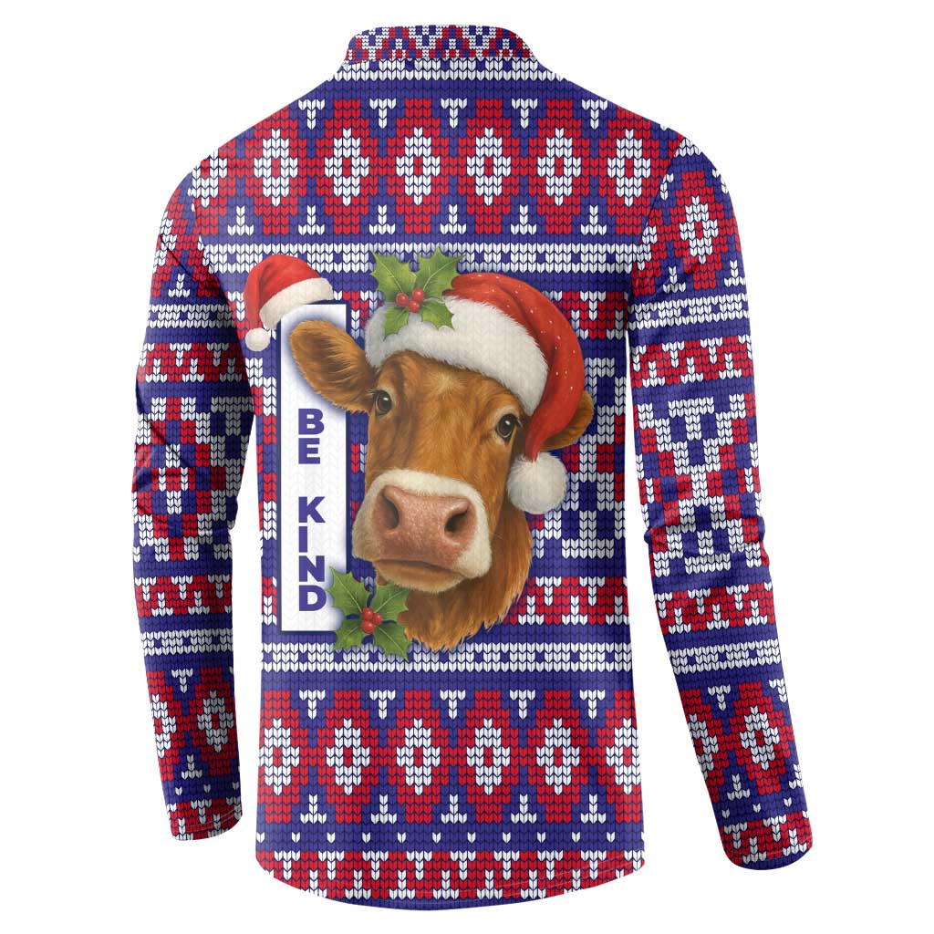 Cow in Santa Hat Be Kind Message Button Sweatshirt with Red Blue Knit Pattern Design - Wonder Print Shop