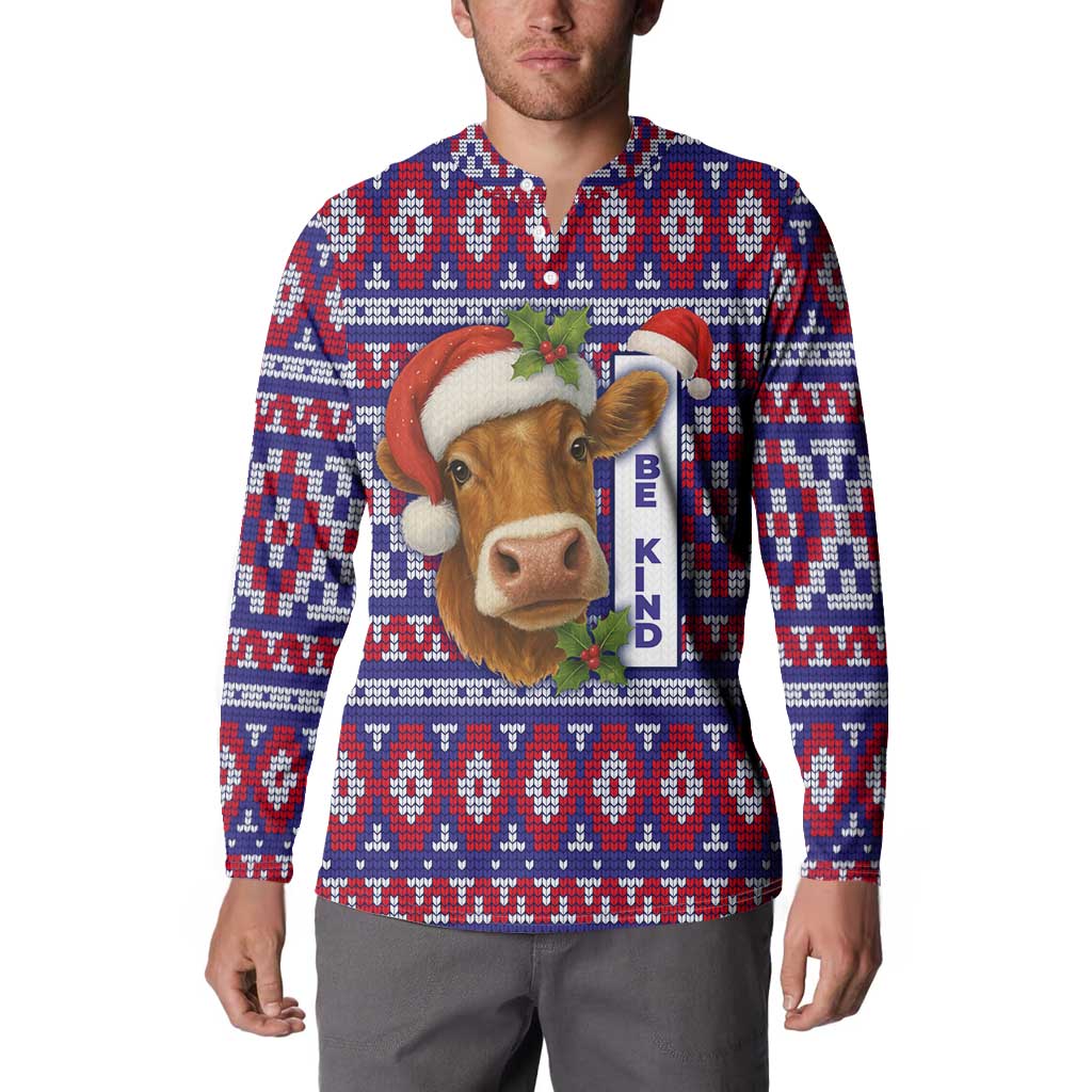 Cow in Santa Hat Be Kind Message Button Sweatshirt with Red Blue Knit Pattern Design - Wonder Print Shop