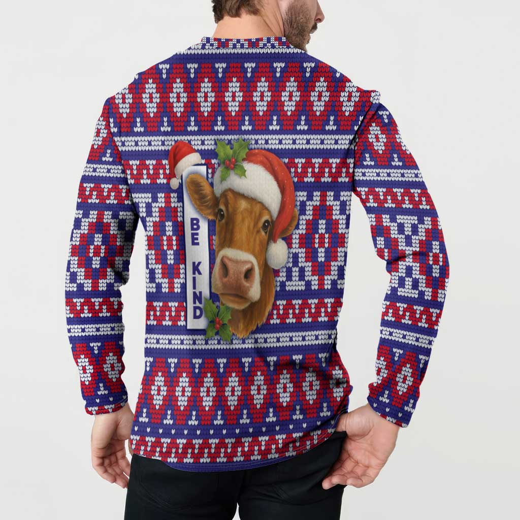 Cow in Santa Hat Be Kind Message Button Sweatshirt with Red Blue Knit Pattern Design - Wonder Print Shop