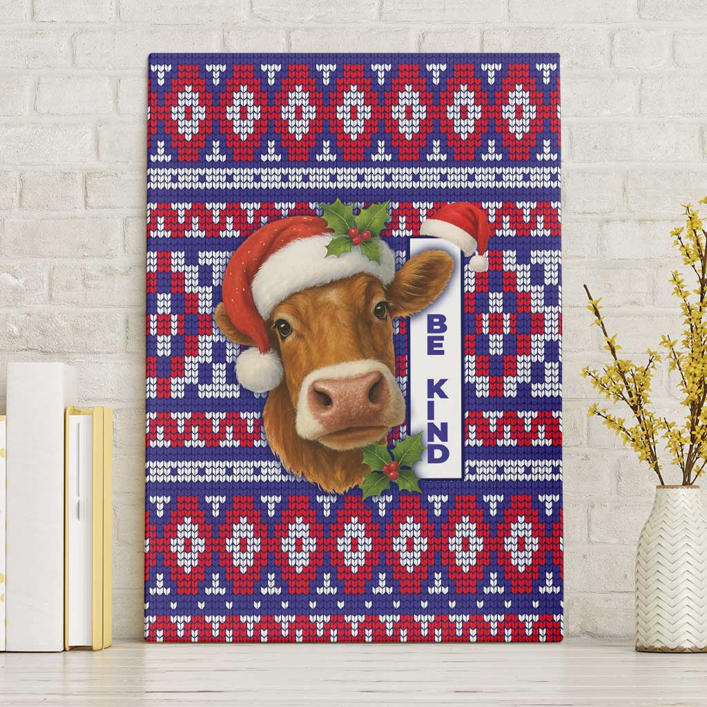 Cow in Santa Hat Be Kind Message Canvas Wall Art with Red Blue Knit Pattern Design - Wonder Print Shop