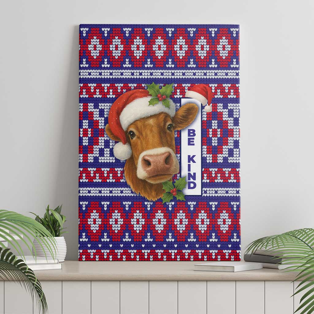 Cow in Santa Hat Be Kind Message Canvas Wall Art with Red Blue Knit Pattern Design - Wonder Print Shop