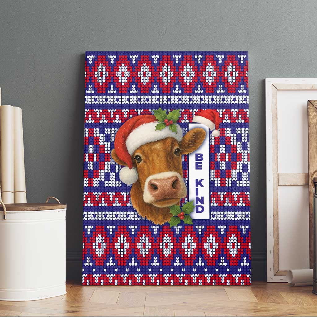 Cow in Santa Hat Be Kind Message Canvas Wall Art with Red Blue Knit Pattern Design - Wonder Print Shop