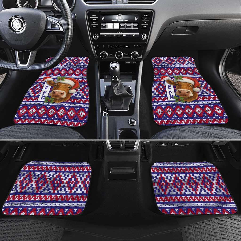 Cow in Santa Hat Be Kind Message Car Mats with Red Blue Knit Pattern Design - Wonder Print Shop