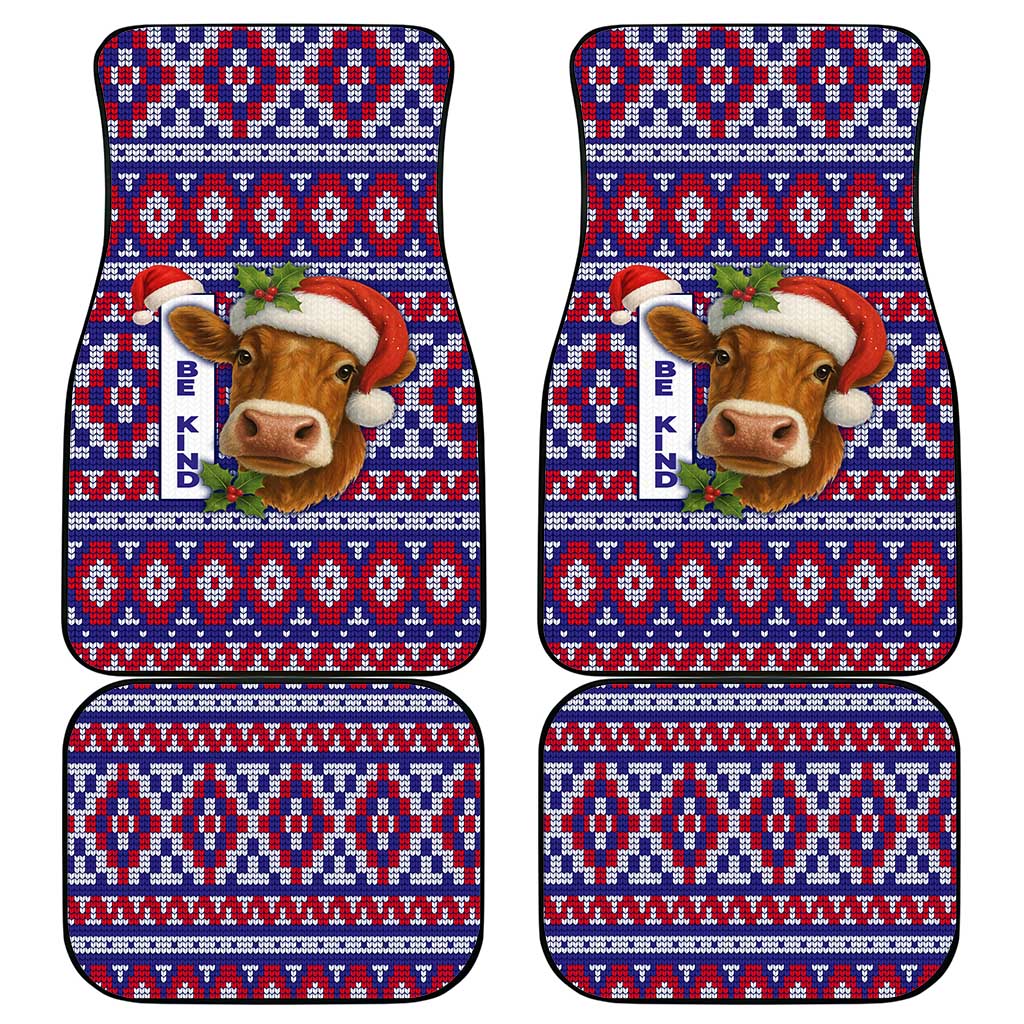 Cow in Santa Hat Be Kind Message Car Mats with Red Blue Knit Pattern Design - Wonder Print Shop