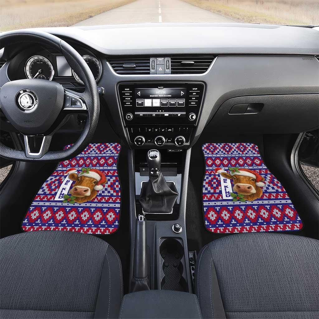 Cow in Santa Hat Be Kind Message Car Mats with Red Blue Knit Pattern Design - Wonder Print Shop
