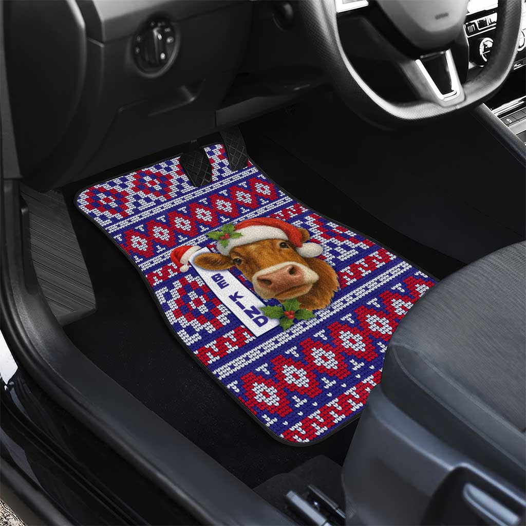 Cow in Santa Hat Be Kind Message Car Mats with Red Blue Knit Pattern Design - Wonder Print Shop