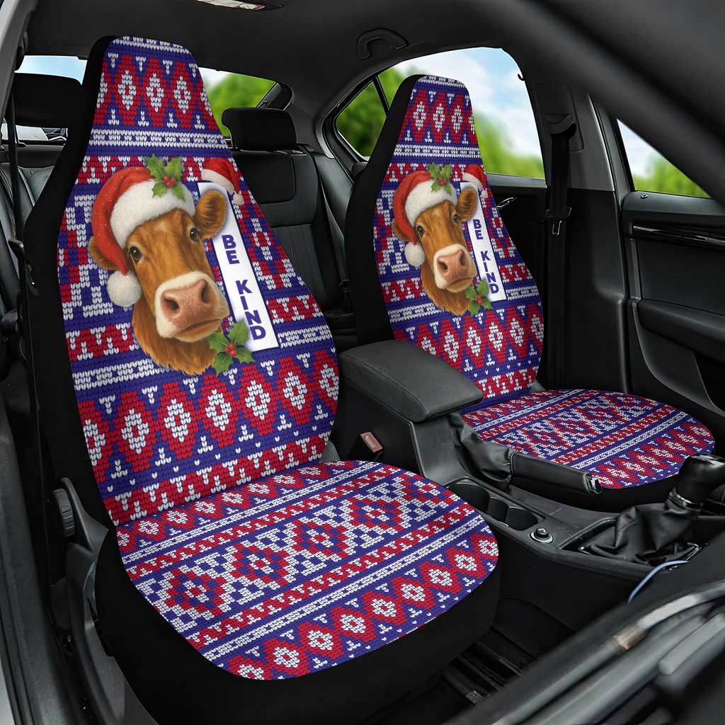 Cow in Santa Hat Be Kind Message Car Seat Cover with Red Blue Knit Pattern Design - Wonder Print Shop