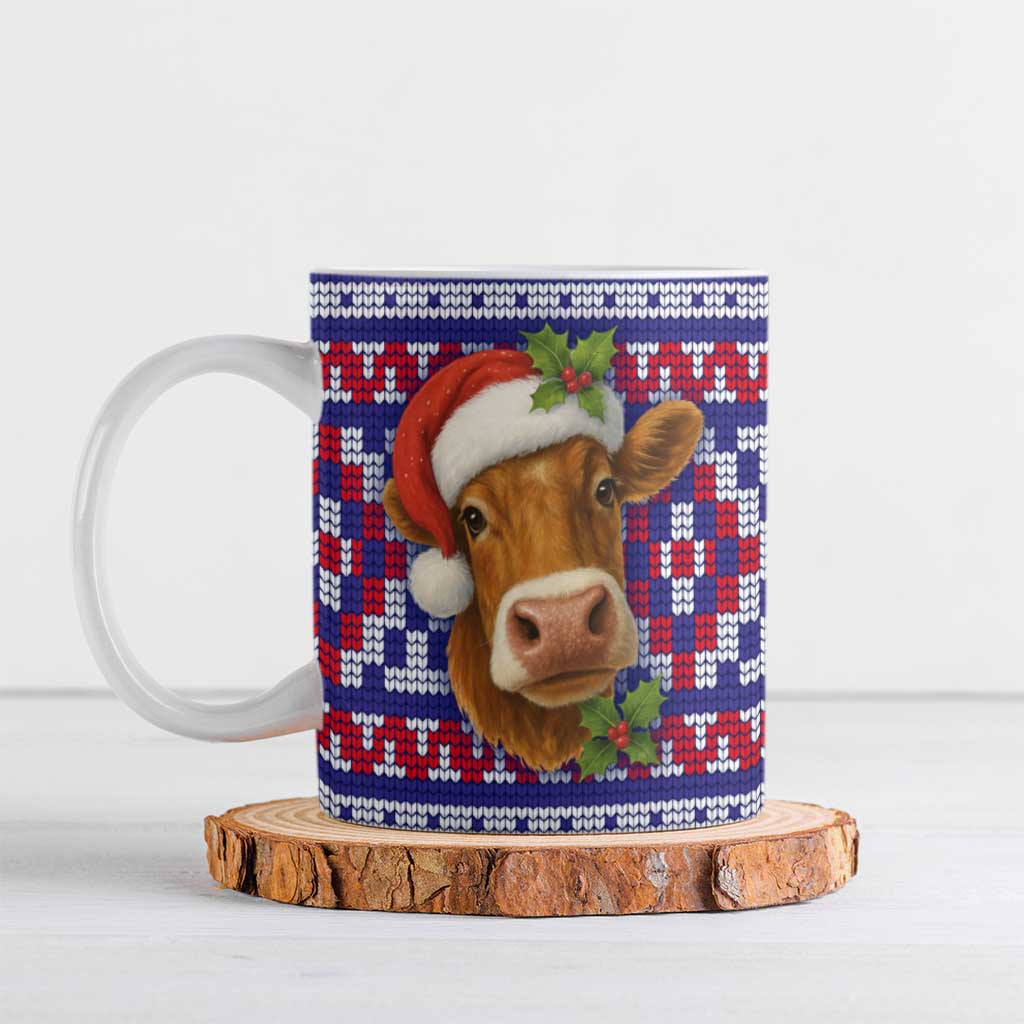 Cow in Santa Hat Be Kind Message Ceramic Mug with Red Blue Knit Pattern Design - Wonder Print Shop