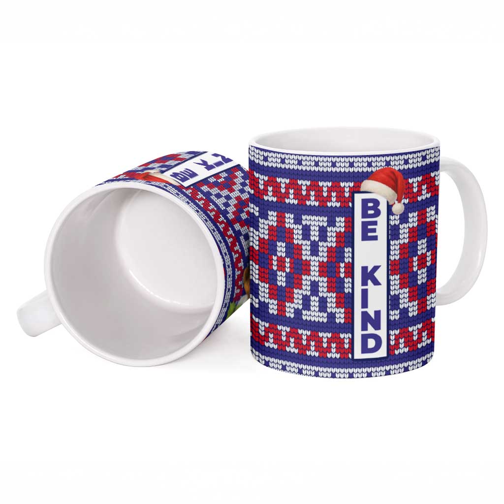 Cow in Santa Hat Be Kind Message Ceramic Mug with Red Blue Knit Pattern Design - Wonder Print Shop