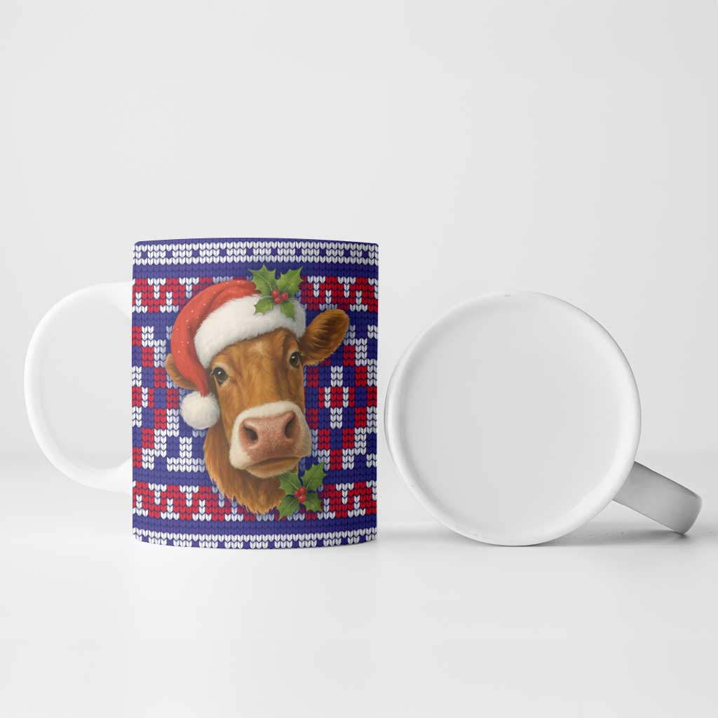 Cow in Santa Hat Be Kind Message Ceramic Mug with Red Blue Knit Pattern Design - Wonder Print Shop