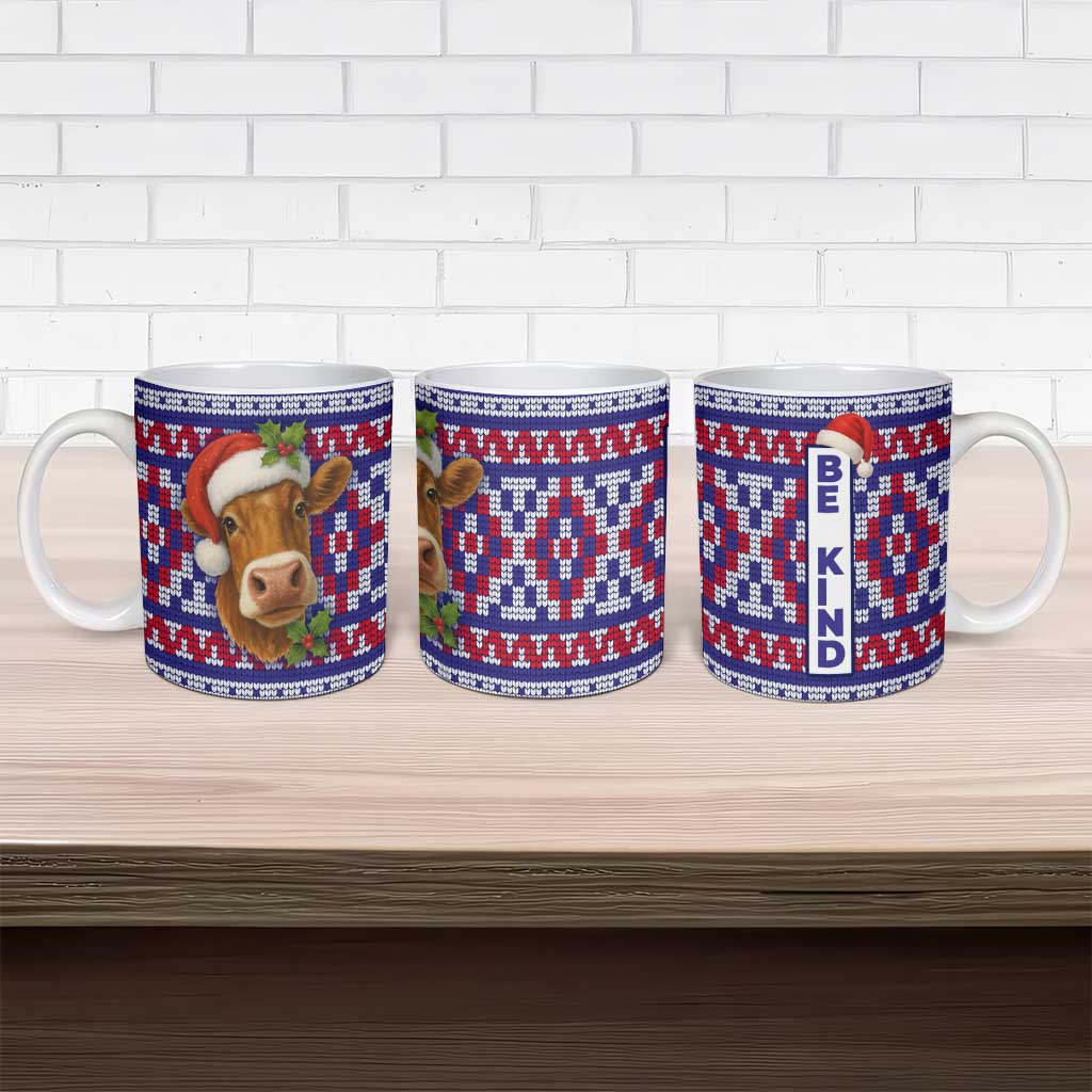 Cow in Santa Hat Be Kind Message Ceramic Mug with Red Blue Knit Pattern Design - Wonder Print Shop