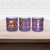 Cow in Santa Hat Be Kind Message Ceramic Mug with Red Blue Knit Pattern Design - Wonder Print Shop