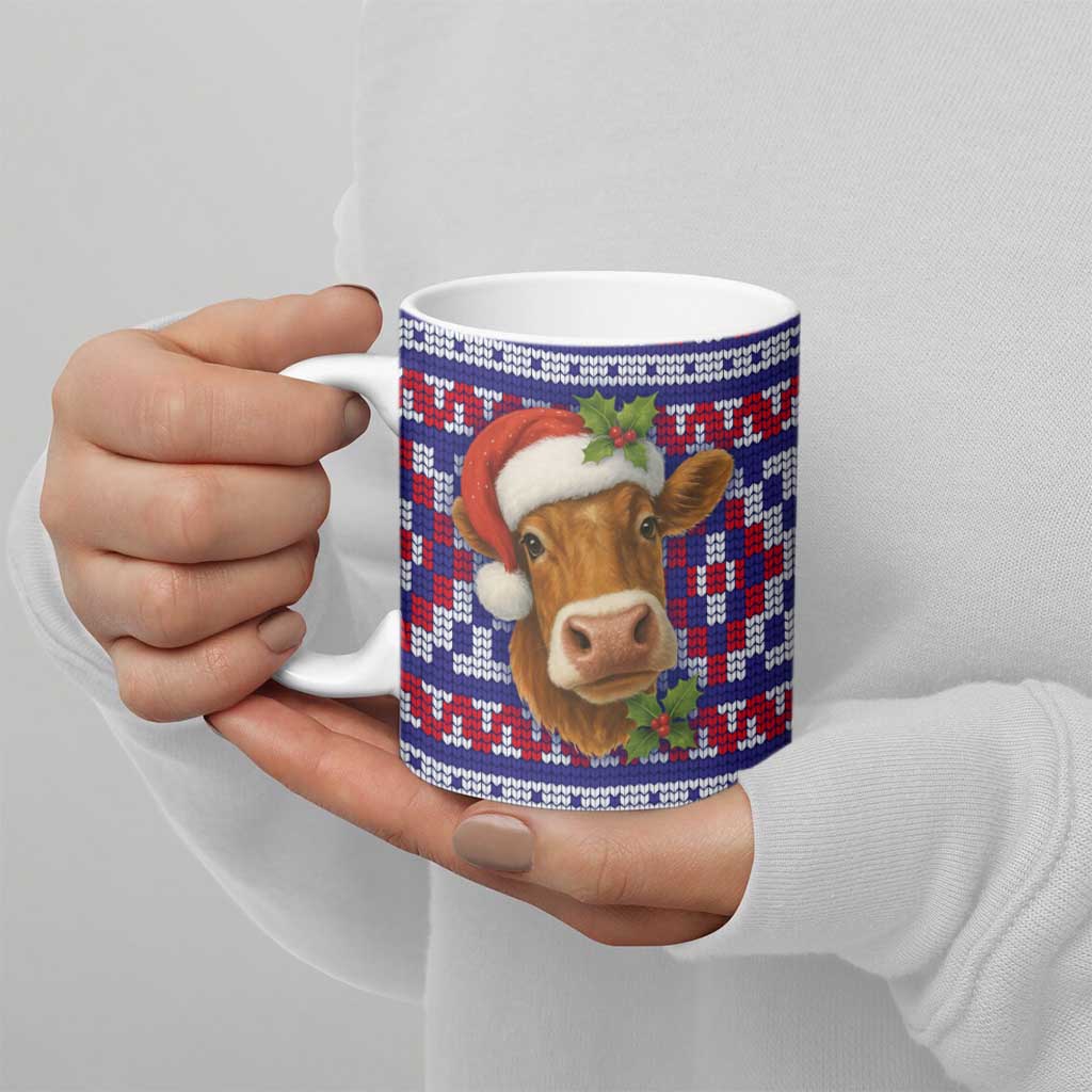 Cow in Santa Hat Be Kind Message Ceramic Mug with Red Blue Knit Pattern Design - Wonder Print Shop