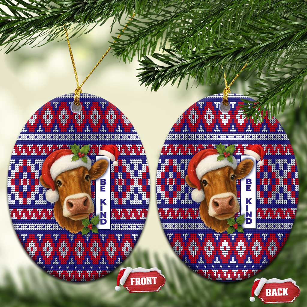 Cow in Santa Hat Be Kind Message Ceramic Ornament with Red Blue Knit Pattern Design - Wonder Print Shop
